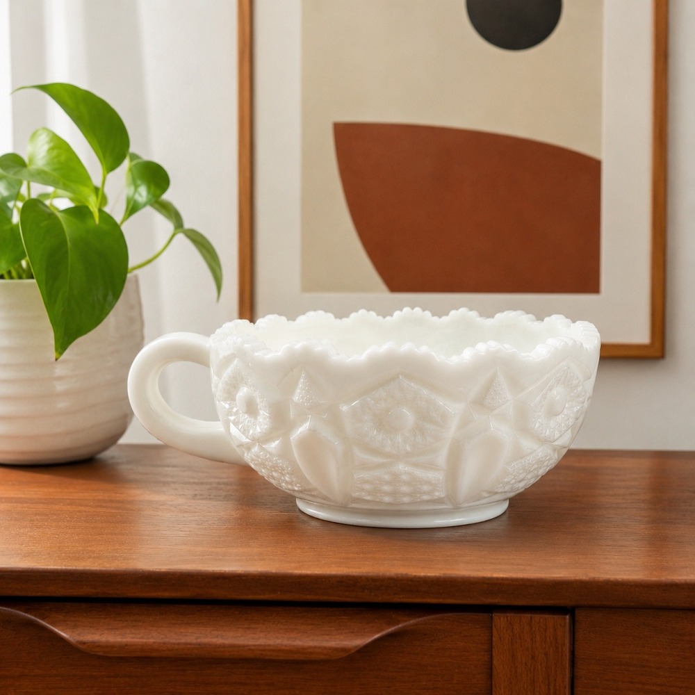 LE Smith Heritage Milk Glass Handled Nappy Bowl Berry Serving Dish Scalloped